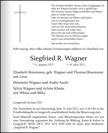 Anzeige von Siegfried R. Wagner 