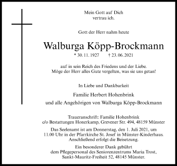 Anzeige von Walburga Köpp-Brockmann 