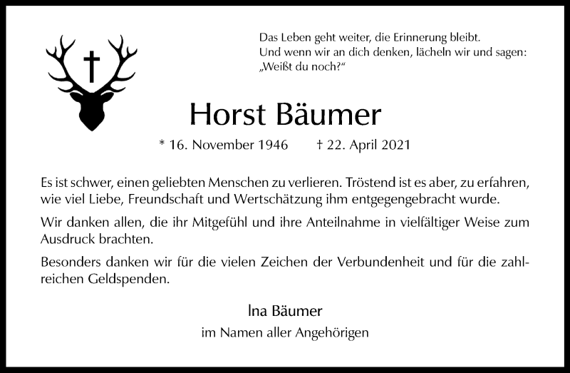  Traueranzeige für Horst Bäumer vom 16.06.2021 aus 