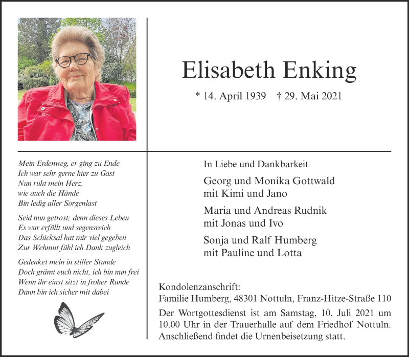  Traueranzeige für Elisabeth Enking vom 12.06.2021 aus 