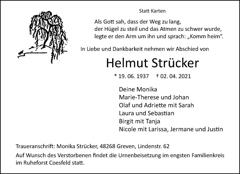  Traueranzeige für Helmut Strücker vom 10.04.2021 aus 