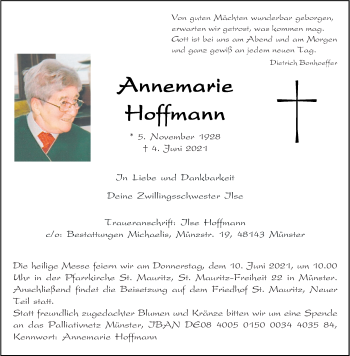 Anzeige von Annemarie Hoffmann 