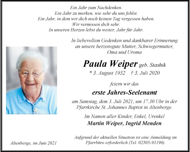  Traueranzeige für Paula Weiper vom 26.06.2021 aus 