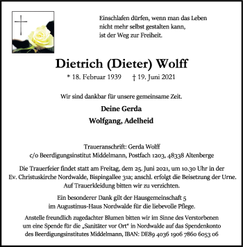 Anzeige von Dietrich Wolff 