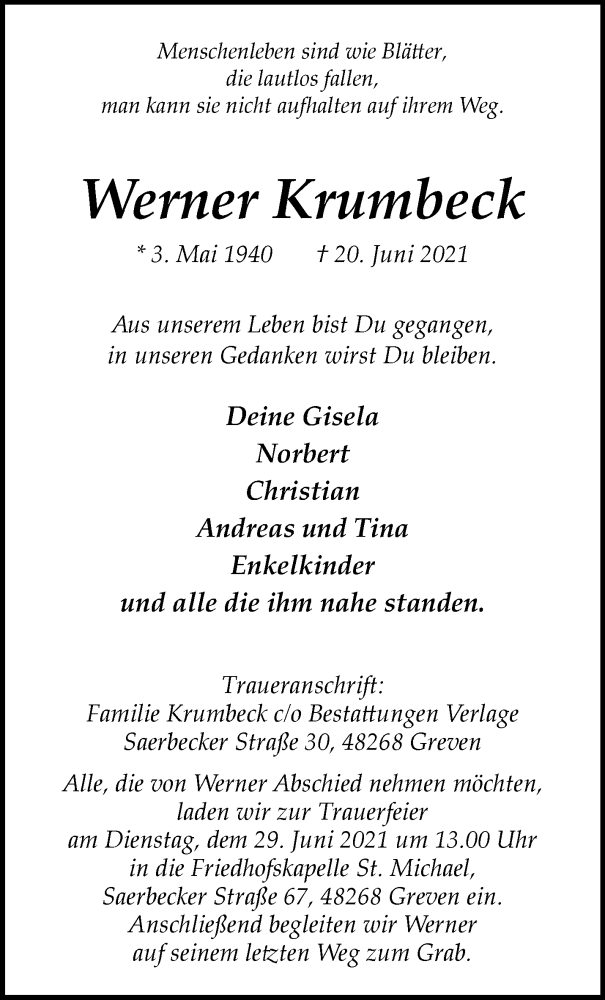  Traueranzeige für Werner Krumbeck vom 26.06.2021 aus 