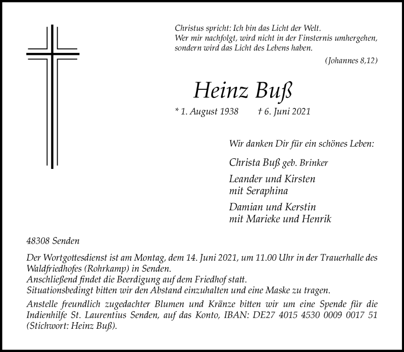  Traueranzeige für Heinz Buß vom 09.06.2021 aus 