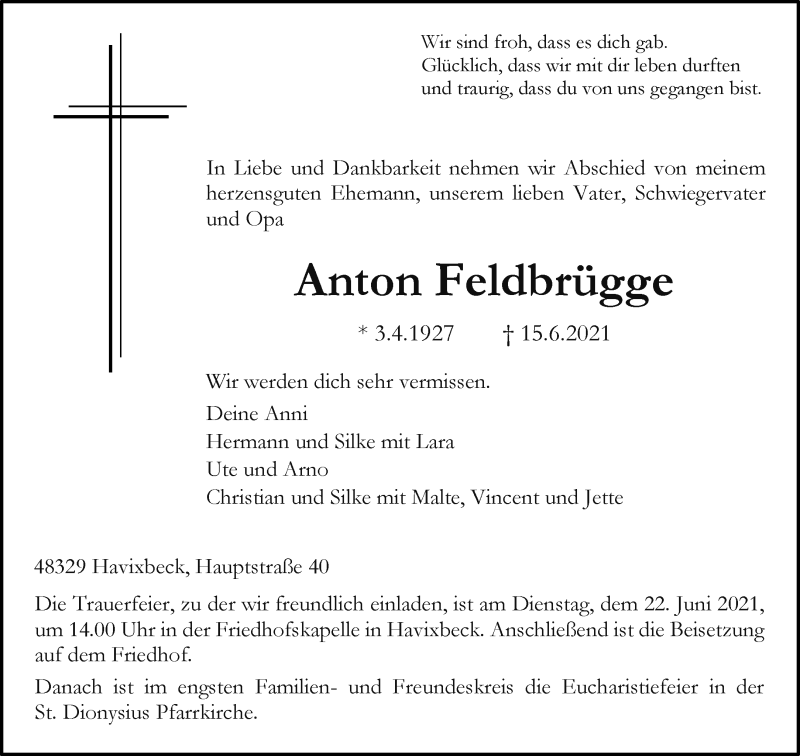  Traueranzeige für Anton Feldbrügge vom 19.06.2021 aus 