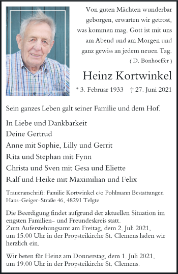 Anzeige von Heinz Kortwinkel 