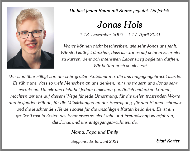  Traueranzeige für Jonas Hols vom 05.06.2021 aus 