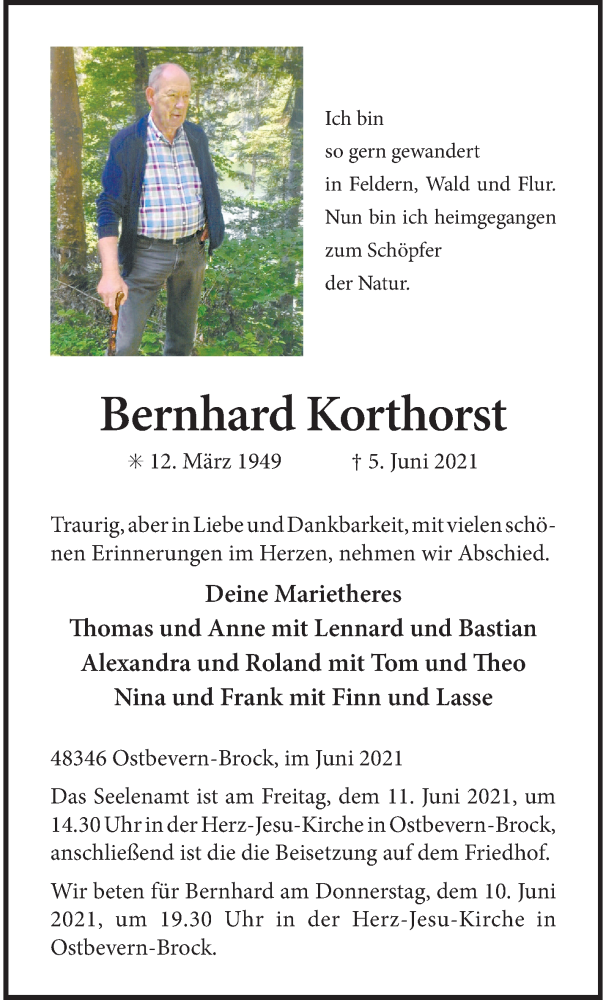  Traueranzeige für Bernhard Korthorst vom 09.06.2021 aus 