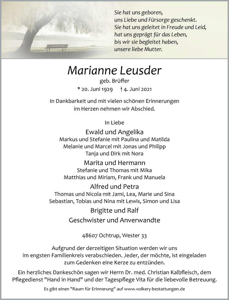  Traueranzeige für Marianne Leusder vom 07.06.2021 aus 