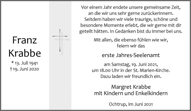  Traueranzeige für Franz Krabbe vom 16.06.2021 aus 