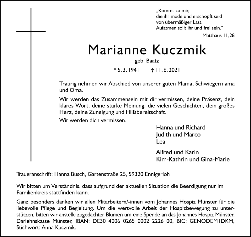  Traueranzeige für Marianne Kuczmik vom 16.06.2021 aus 