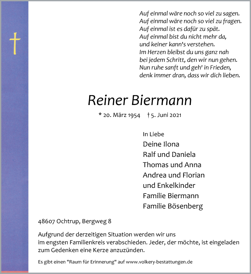  Traueranzeige für Reiner Biermannn vom 09.06.2021 aus 