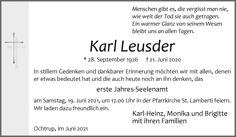  Traueranzeige für Karl Leusder vom 16.06.2021 aus 