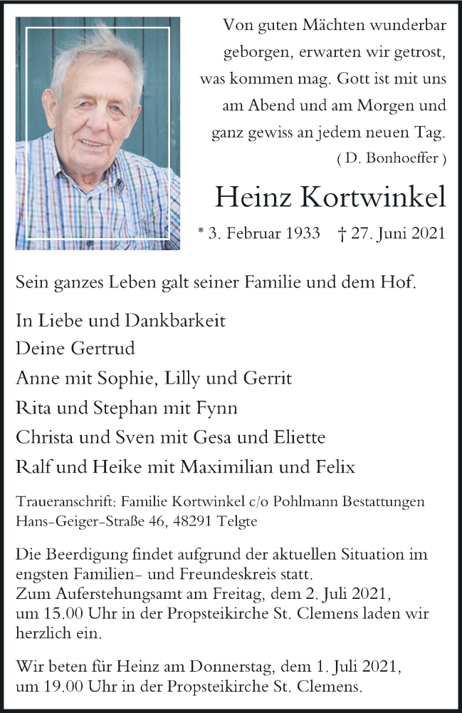  Traueranzeige für Heinz Kortwinkel vom 30.06.2021 aus 