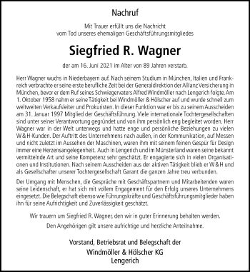 Anzeige von Siegfried R. Wagner 