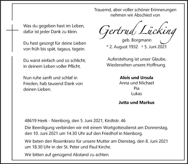 Traueranzeige für Gertrud Lücking vom 08.06.2021 aus 