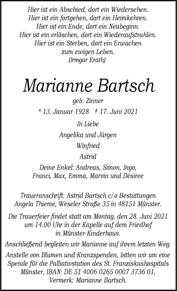 Anzeige von Marianne Bartsch 