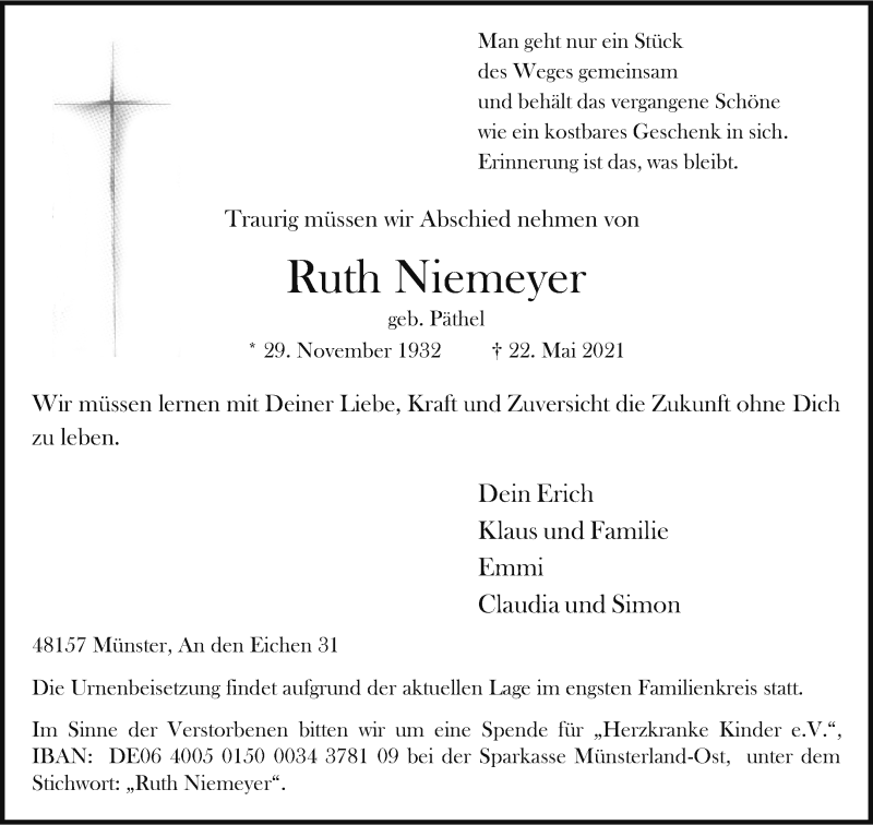 Traueranzeige für Ruth Niemeyer vom 09.06.2021 aus 