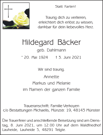 Anzeige von Hildegard Bäcker 