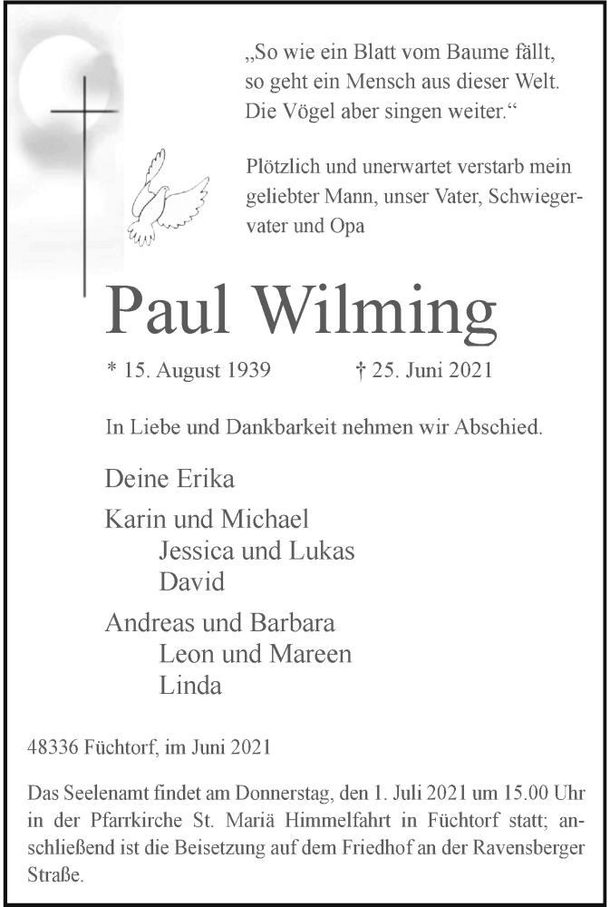  Traueranzeige für Paul Wilming vom 30.06.2021 aus 