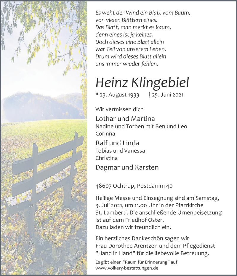  Traueranzeige für Heinz Klingebiel vom 28.06.2021 aus 