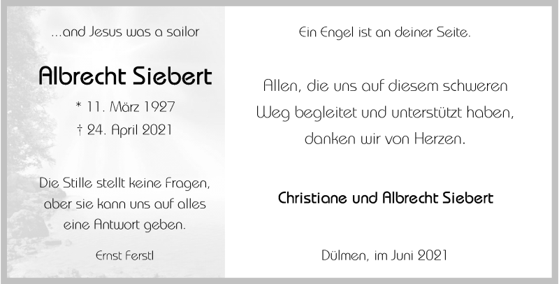  Traueranzeige für Albrecht Siebert vom 16.06.2021 aus 