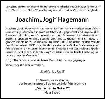 Anzeige von Joachim Hagemann 