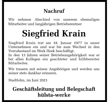 Anzeige von Siegfried Krain 