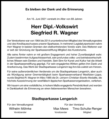 Anzeige von Siegfried R. Wagner 