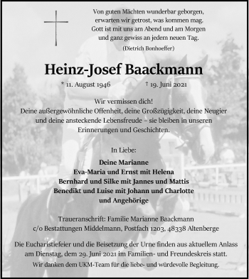 Anzeige von Heinz-Josef Baackmann 