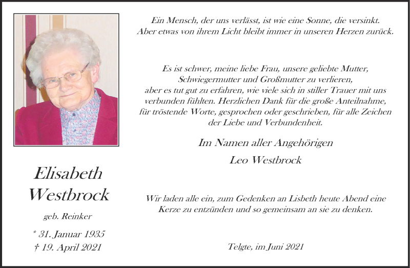  Traueranzeige für Elisabeth Westbrock vom 05.06.2021 aus 