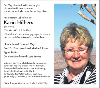 Anzeige von Karin Hilbers 