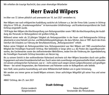 Anzeige von Ewald Wilpers 