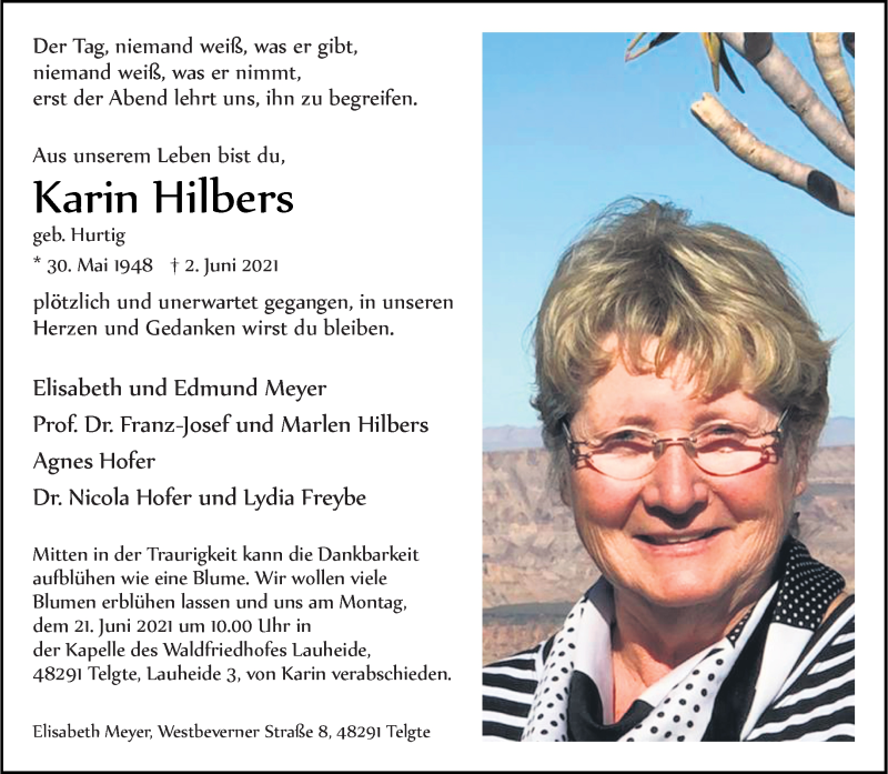  Traueranzeige für Karin Hilbers vom 12.06.2021 aus 