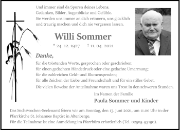 Anzeige von Willi Sommer 