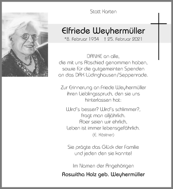 Anzeige von Elfriede Weyhermüller 