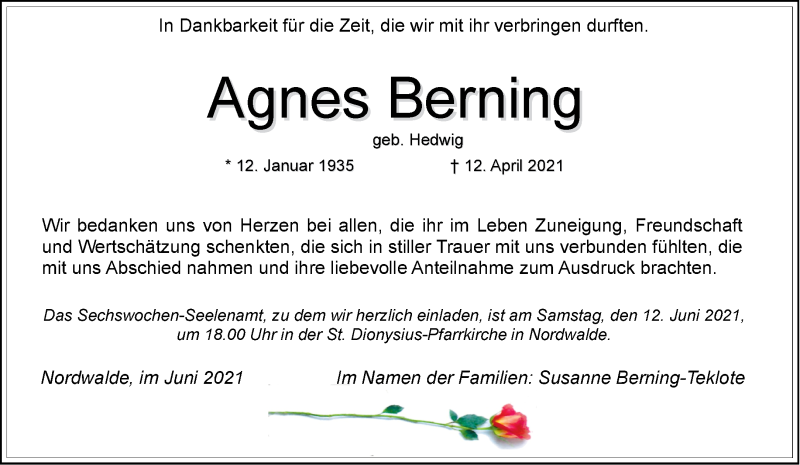  Traueranzeige für Agnes Berning vom 05.06.2021 aus 