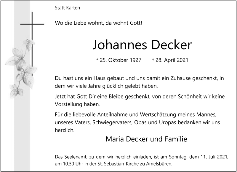  Traueranzeige für Johannes Decker vom 19.06.2021 aus 