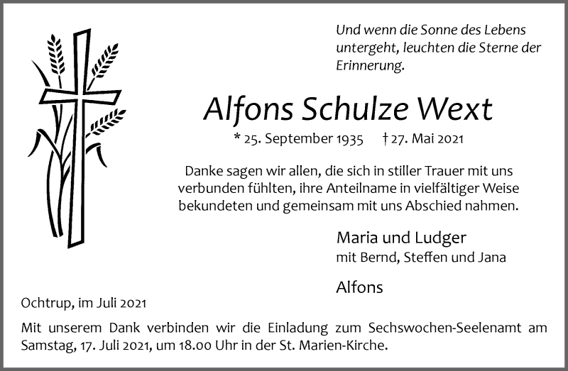  Traueranzeige für Alfons Schulze Wext vom 07.07.2021 aus 