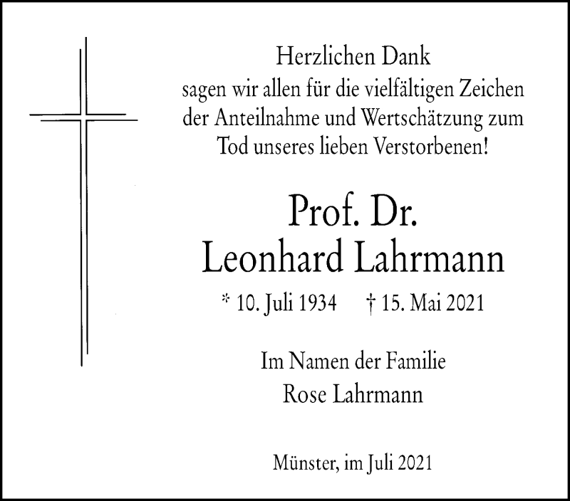  Traueranzeige für Leonhard Lahrmann vom 03.07.2021 aus 