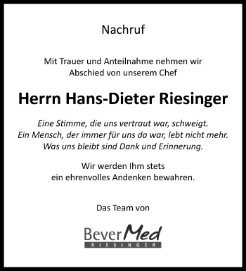 Anzeige von Hans-Dieter Riesinger 