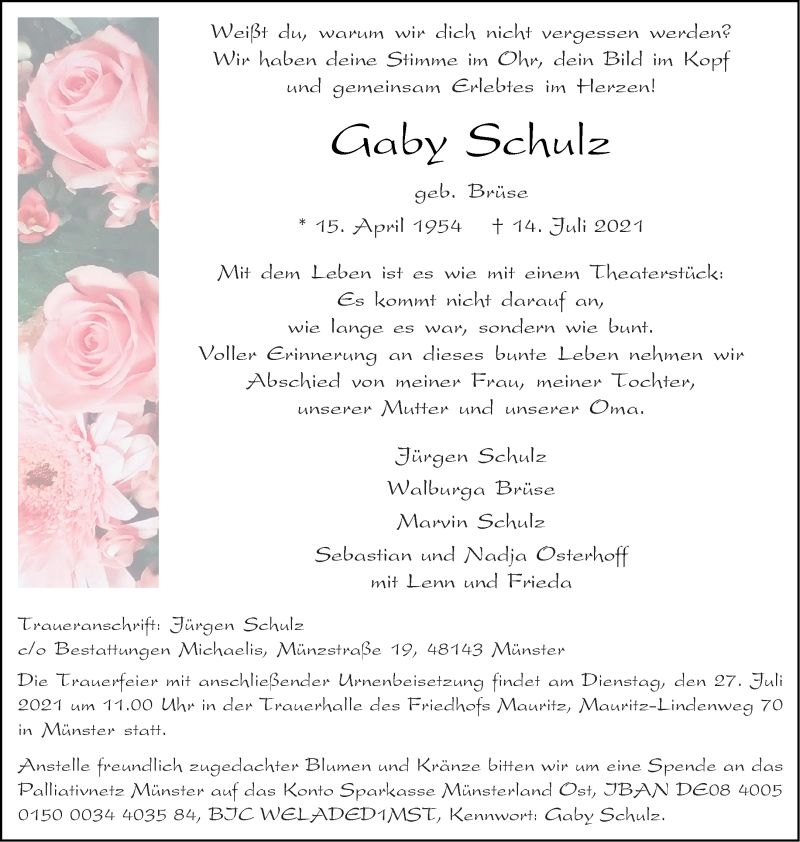  Traueranzeige für Gaby Schulz vom 24.07.2021 aus 