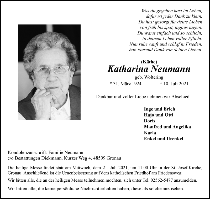  Traueranzeige für Katharina Neumann vom 17.07.2021 aus 