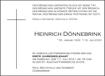 Anzeige von Heinrich Dönnebrink 