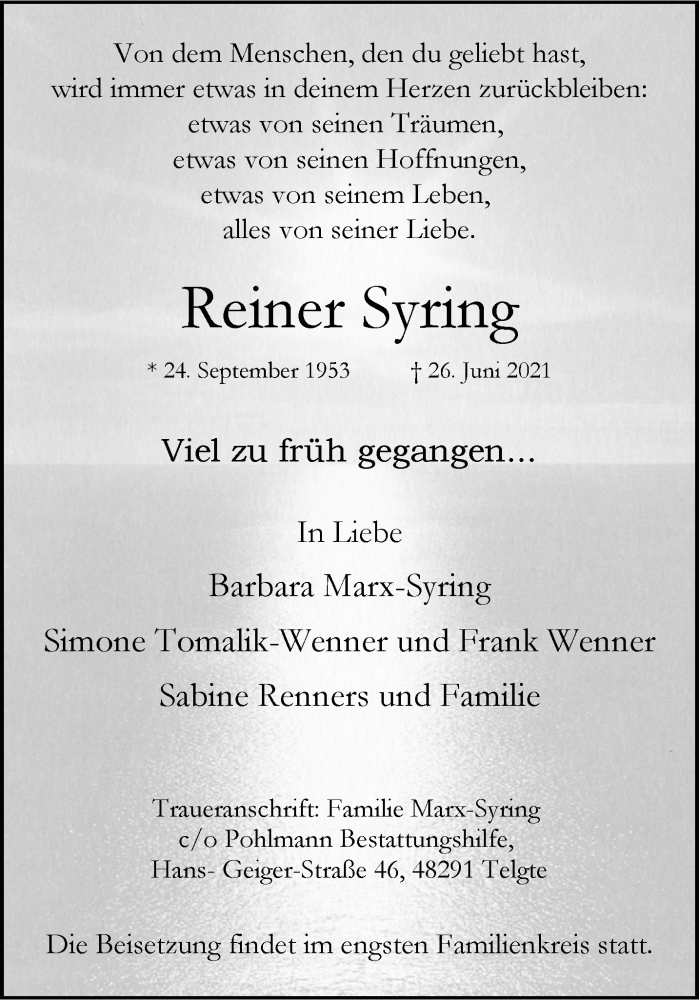  Traueranzeige für Reiner Syring vom 03.07.2021 aus 
