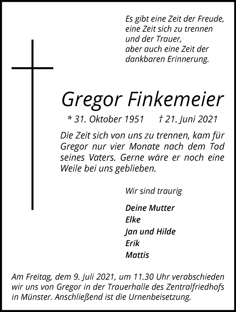  Traueranzeige für Gregor Finkemeier vom 07.07.2021 aus 