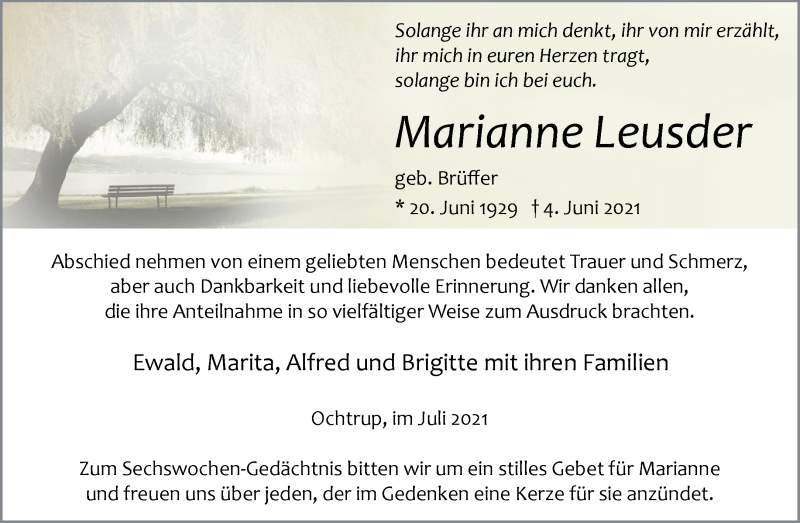  Traueranzeige für Marianne Leusder vom 21.07.2021 aus 