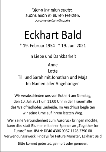 Anzeige von Eckhart Bald 
